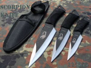 Sada 3 nožů Scorpion v imitace carbonu s pouzdrem i pro vrhání.