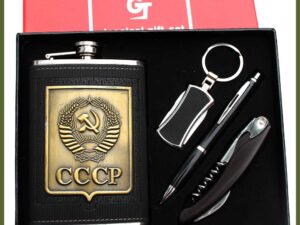Dárková sada placatky CCCP komunista s nožíky a propiskou.