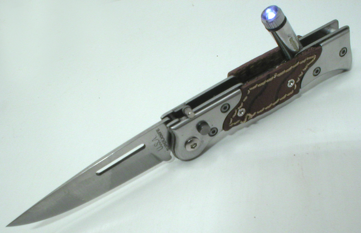Nůž bokový vyhazovák 180mm kov+kůže+LED.